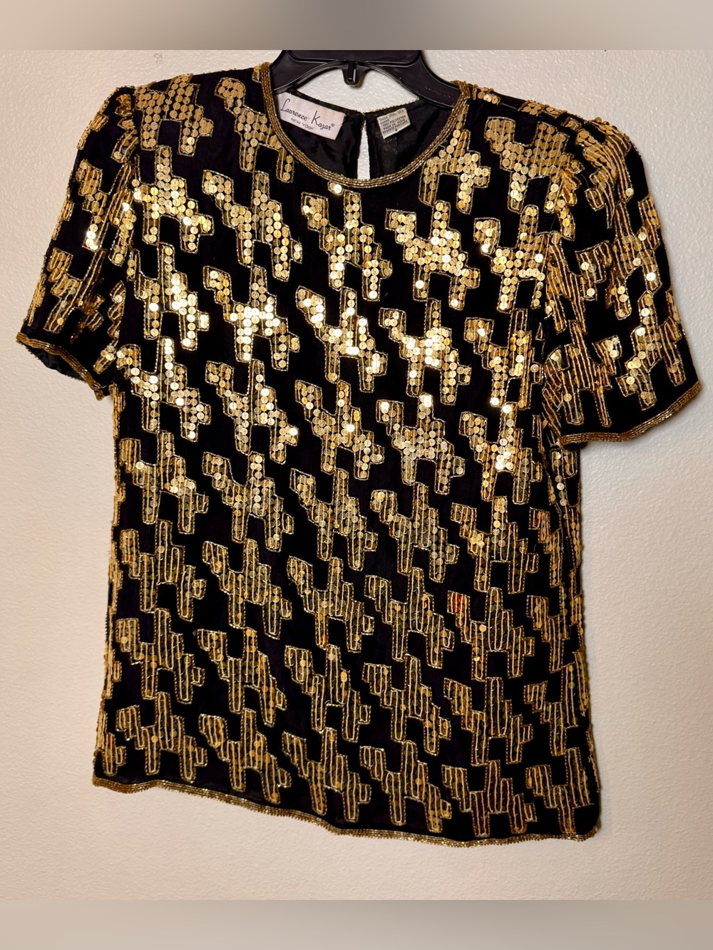 Lawrence Kazar New York Silk Sequin Beaded Top Black Gold Vintage Small